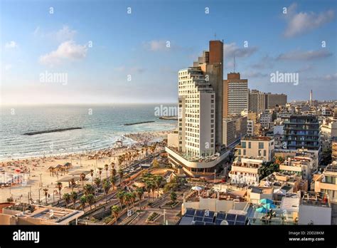 Aerial View Of Tel Aviv Skyline Israel In The Evening With The