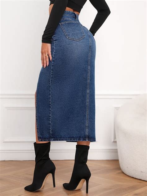 Shein Frenchy Zipper Fly Split Thigh Denim Skirt Shein Uk