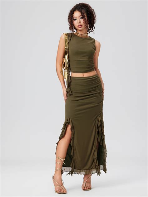 Mesh Ruffle Tank Top Split Ruched Maxi Skirt Cider