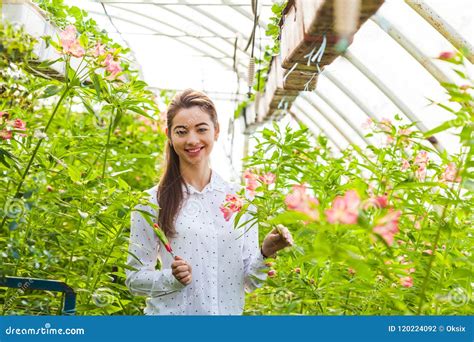 The Beautiful Woman In The Greenhouse Stock Photo Image Of Caucasian