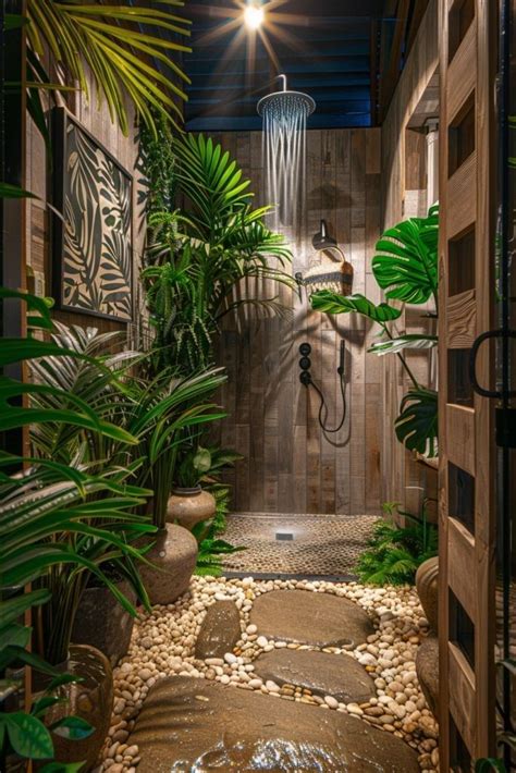 An Outdoor Shower Surrounded By Greenery And Rocks Is Shown In This