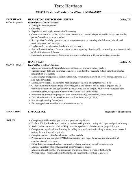 Front Office Medical Assistant Resume Samples Velvet Jobs