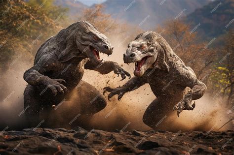 Premium Photo Two Komodo Dragons Are Fighting Each Other