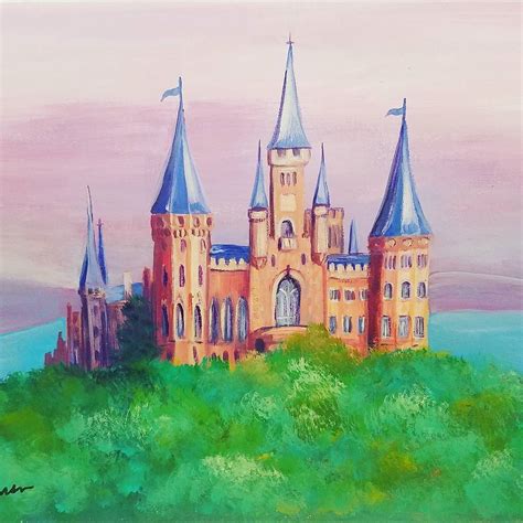 An Oil Painting Of A Castle On Top Of A Green Hill With Blue Spires