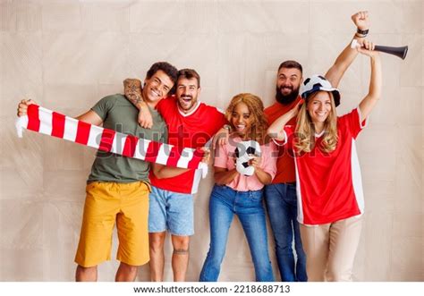 Group Cheerful Football Fans Wearing Sports Stock Photo 2218688713