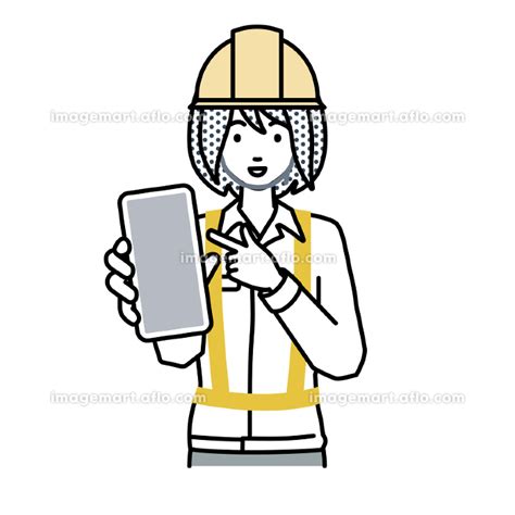 立ってスマートフォンを指差してこちらに向けて見せている工事現場の女性のイラスト素材 225792869 イメージマート