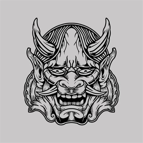 Tshirt Design Black And White Hand Drawn Japanese Oni Mask Engraving