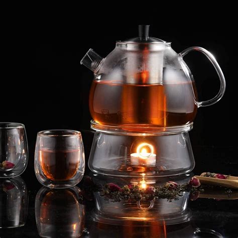 Ecooe 1500mL Teapot with Teapot Warmer, Glass Teapot with Stainless Steel Infuser, Glass Teapot ...