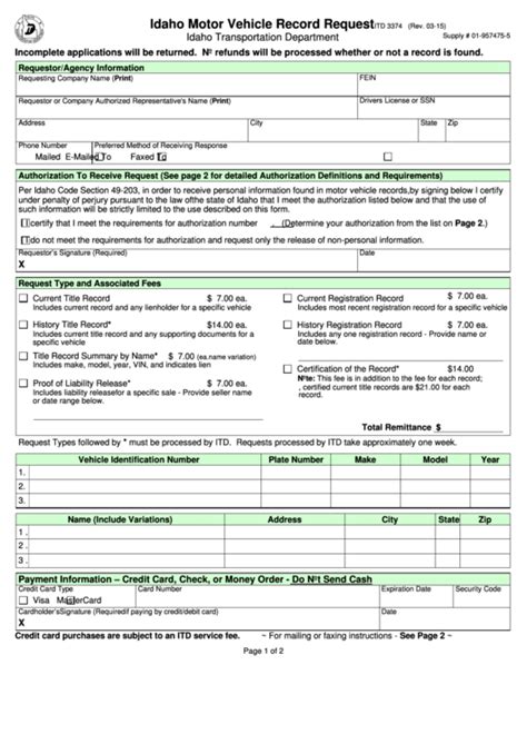 Fillable Form Itd 3374 Idaho Motor Vehicle Record Request Printable Pdf Download