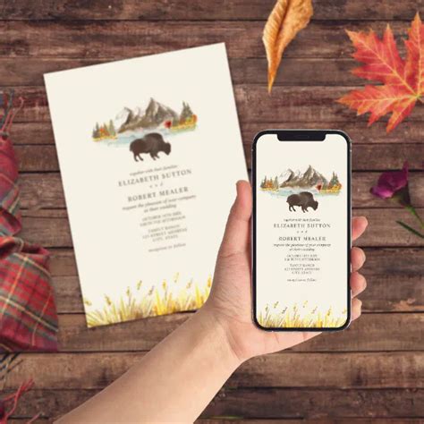 Buffalo Bison Watercolor Mountains Autumn Wedding Invitation Zazzle