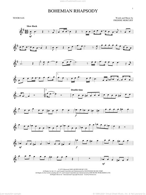 Queen Bohemian Rhapsody Sheet Music For Tenor Saxophone Solo