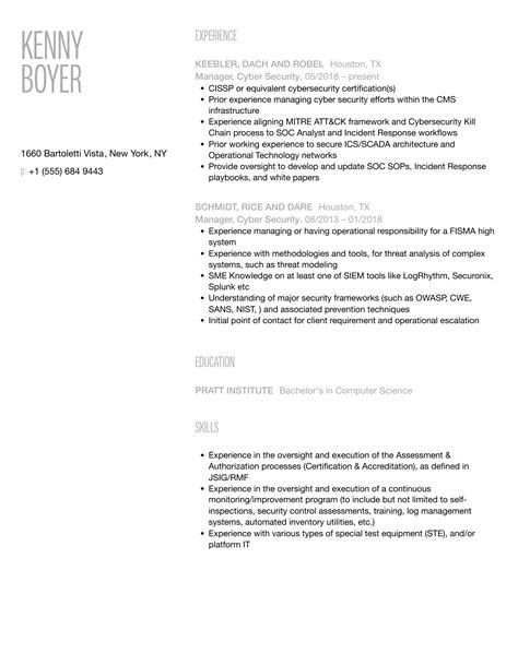 Manager Cyber Security Resume Samples Velvet Jobs