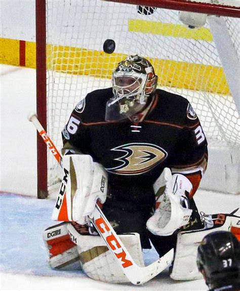 Anaheim Ducks Goalie John Gibson 36 Deflects The Puck Against The St