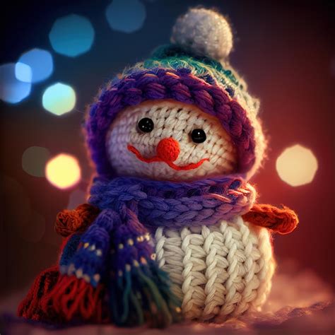 Premium AI Image A Knitted Snowman With A Blue Hat And Scarf