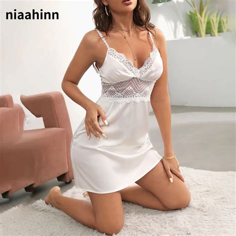 Sexy Nightwear V Neck Sling Nightdress Women Nightgown Lace Up Silky