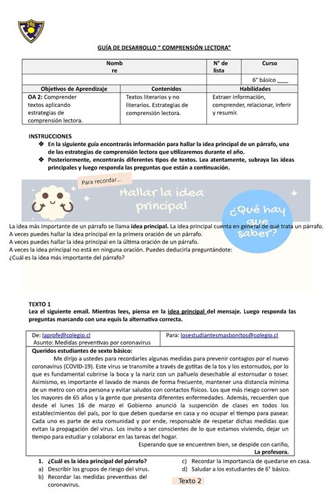 Comprensión lectora 6basico La idea más importante de un párrafo se