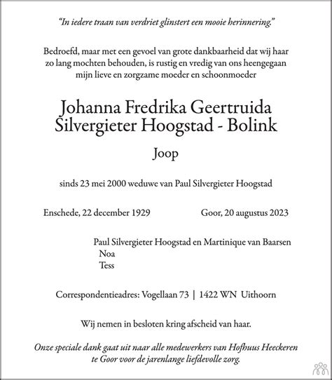 Johanna Frederika Geertruida Joop Silvergieter Hoogstad Bolink