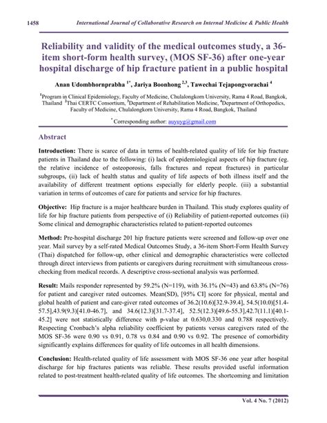 PDF Reliability And Validity Of The Medical Outcomes Study A 36