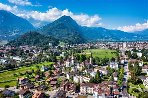 Aerial View Over The City Of Interlaken In Switzerland Beautiful View