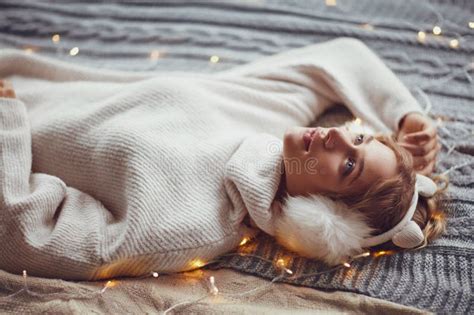 Dreaming Girl In Sweater On Cozy Bed Stock Image Image Of Home