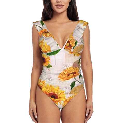 Bingfone Sunflower 5 Print Women Ruffle One Piece Swimsuit Flounce