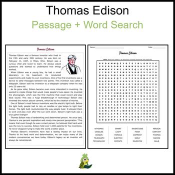 Thomas Edison Reading Comprehension And Word Search By Kakapo Reading