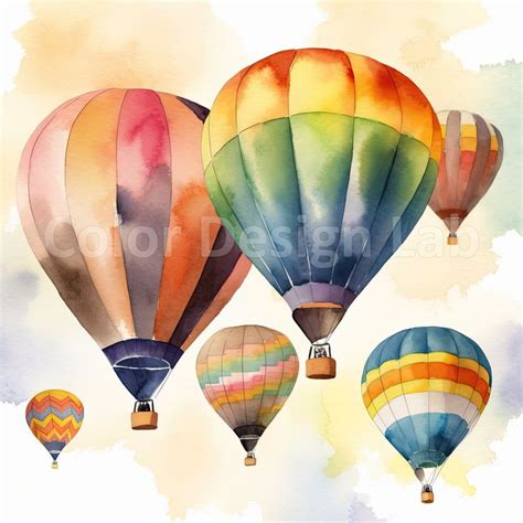 Watercolor Hot Air Balloons Flying In The Sky With Clouds Behind Them