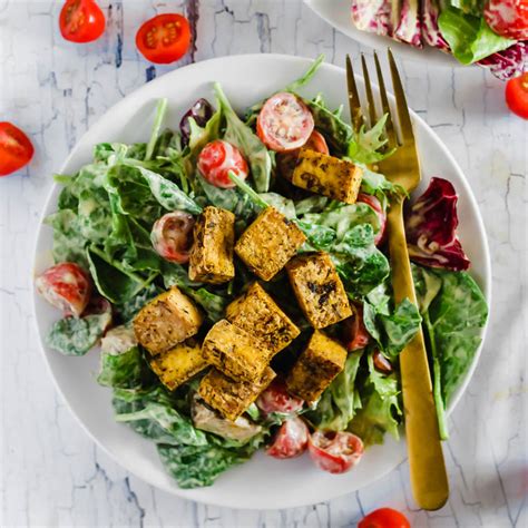 Crispy Tofu Vegan Caesar Salad Emilie Eats