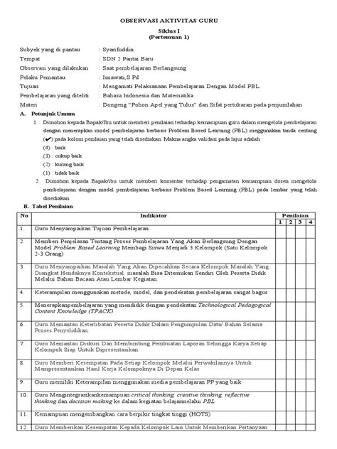 Observasi Aktivitas Guru Dan Siswa Siklus 1 Pembelajaran 1 Pdf