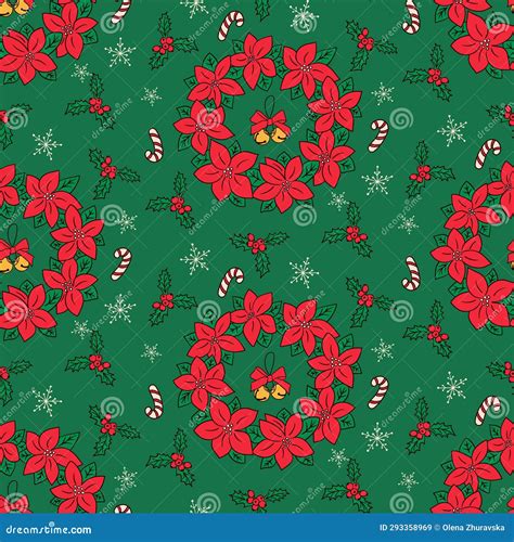 Christmas Seamless Pattern With Poinsettia Wreath Stock Illustration