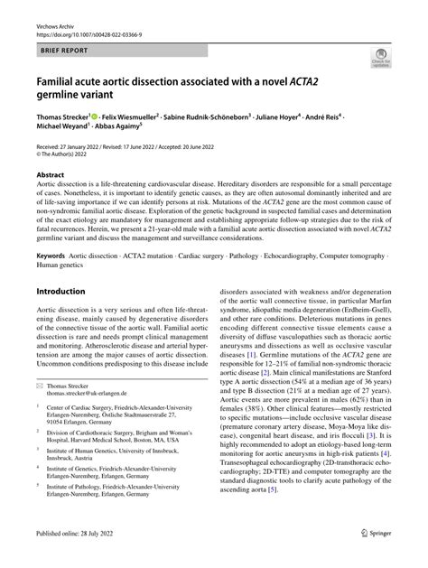 Pdf Familial Acute Aortic Dissection Associated With A Novel Acta2