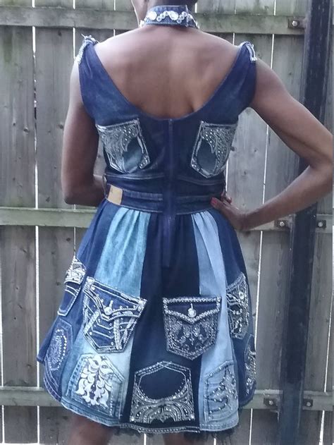 Upcycled Denim Diamond Embellished Blue Jean Dress Etsy Upcycle