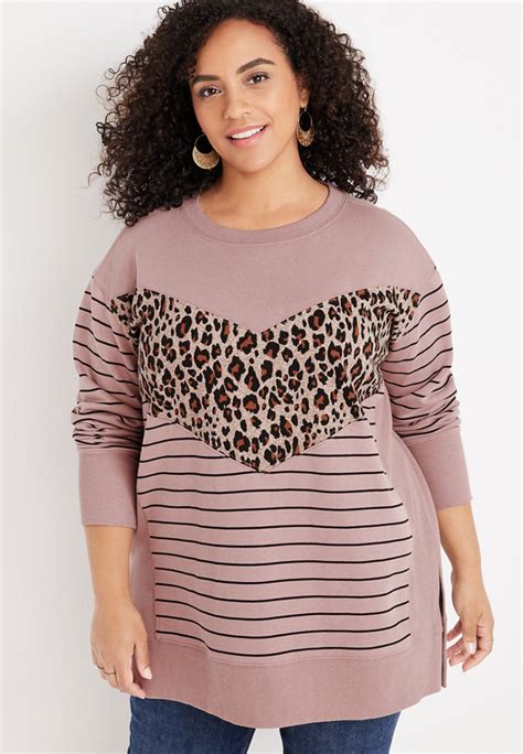 Plus Size Willowsoft Striped Leopard Colorblock Fleece Sweatshirt Maurices