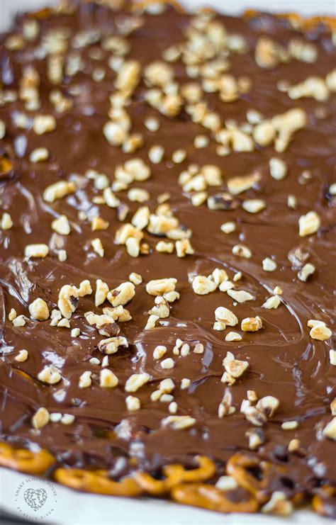 Chocolate Toffee Pretzel Bark Topped with Walnuts