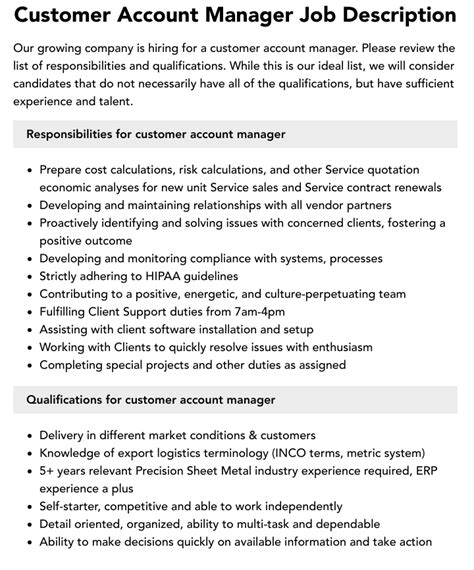 Customer Account Manager Job Description Velvet Jobs