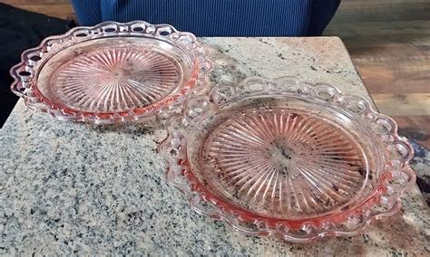 Two Vintage Anchor Hocking Pink Depression Glass Open Lace Edge 10 1 434 Plat Antique Price