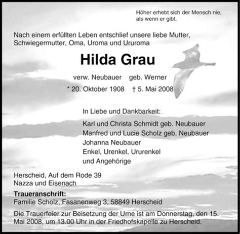 Traueranzeigen Von Hilda Grau Trauer In NRW De