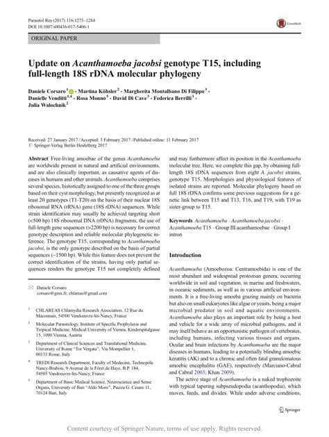 Update On Acanthamoeba Jacobsi Genotype T15 Including Full Length 18s Rdna Molecular Phylogeny