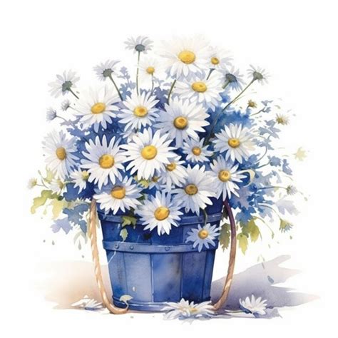 Premium AI Image | A painting of a blue bucket with flowers.