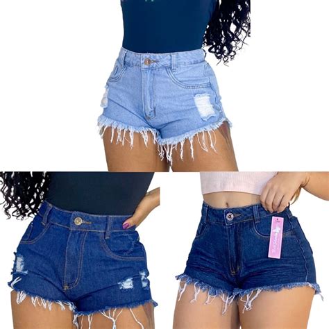 Kit Shorts Jeans Feminino Cintura Alta Cinto Shopee Brasil