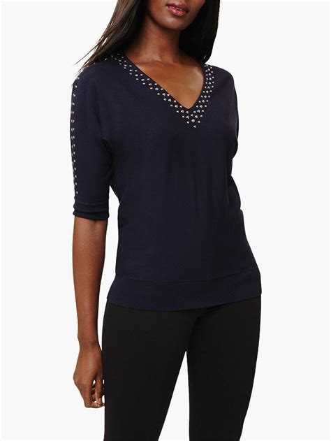 Phase Eight Stud Trim V Neck Knit Top Navy Knit Top Tops Knitwear