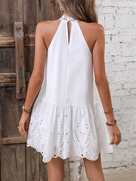 Shein Vcay Eyelet Embroidery Ruffle Hem Halter Neck Dress Shein Usa