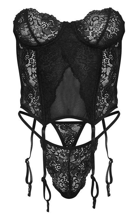 Black Lace Suspender Corset Lingerie Set Prettylittlething Qa