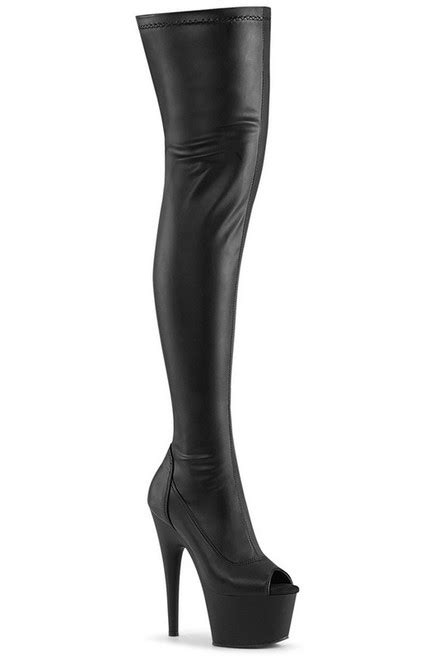 7 Heel Black Faux Leather Peep Toe Stretch Thigh High Boots Spicy Lingerie