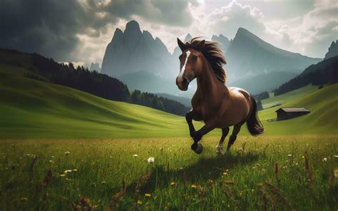 AI generated horse running pasture nature background mountains and ...