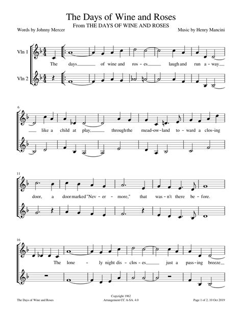 The Days Of Wine And Roses Sheet Music For Violin Download Free In