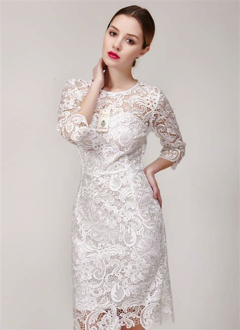 White Lace Sheath Dress With Scalloped Hem And Keyhole Back Lace Sheath Dress Fitted Wedding