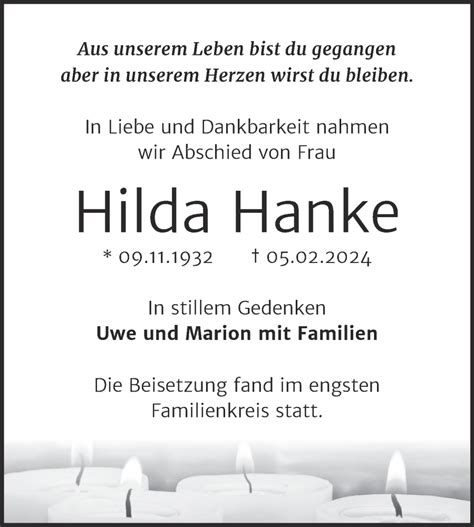 Traueranzeigen Von Hilda Hanke Abschied Nehmen De