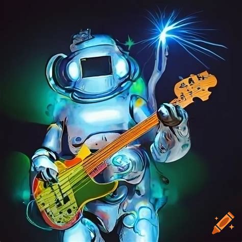 Android Robot Astronaut Playing Bass In A Surrealistic Dreamscape