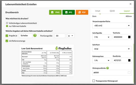 Inhaltsstoffe Tabelle für Lebensmittel